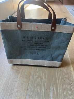 Canvas Tote with Brown Leather Handles - Olive and Beige